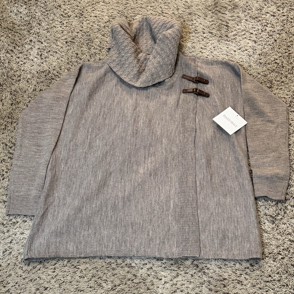 Ellen Tracy Sweater Extra Fine Merino Wool Cowl Neck Tan Brown Womens Small